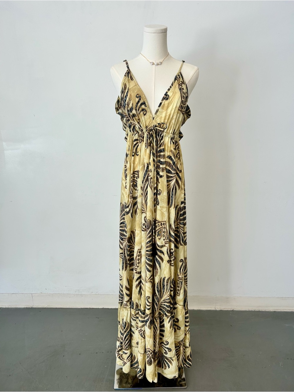 Tan Floral Maxi Dress with V-Neck and Adjustable Straps